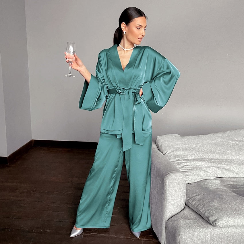 Wenkouban Drop sleeves Satin Robe Sets Bathrobe For Home Suit 2021 Sexy Sleepwear Women Pajama Loose Flare Pants Spring Fashion