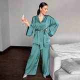 Wenkouban Drop sleeves Satin Robe Sets Bathrobe For Home Suit 2021 Sexy Sleepwear Women Pajama Loose Flare Pants Spring Fashion