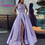 Prom Dresses 2021 with High Slit Satin Lace Beaded Purple Vestidos De Gala Evening Party Dresses Prom Gown Robe De Soiree