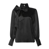 Satin Blouse WomenFashion Tunics Tops 2022 Autumn Elegant Bow Tie Lantern Sleeve Belted Shirt Casual Slik Party Blusas