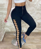 Wenkouban Skinny Pants For Women 2023 Solid Color Plain Zipper Design Eyelet Buckle High Waist Pants Chic