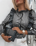 Graduation Gifts Women Ruffles Faux Leather Blouse Elegant Fashion Long Sleeve Round Collar Shirts OL Style Lady Lace Trim Slim Shirts