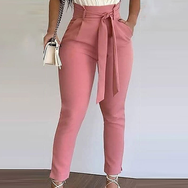 Graduation Gifts  Fasion Women Summer Two Piece Casual Wear V Neck Sleeveless White Tank Top Bodysuit With Lace-up Pink Pants Commute Suit Sets