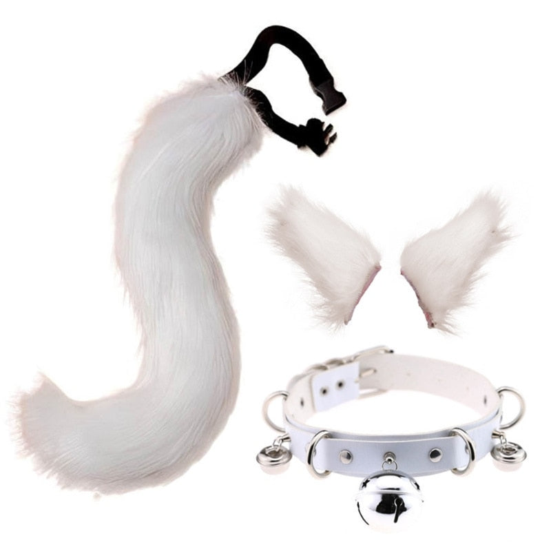 Plush Cat Ears Hair Clip Furry Wolf Tail with Faux Leather Bell Neck Choker Necklace Set Anime Animal Cosplay Costume