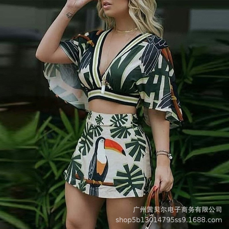 Wenkouban  2022 female 2 piece new plant print cloak suit skirt