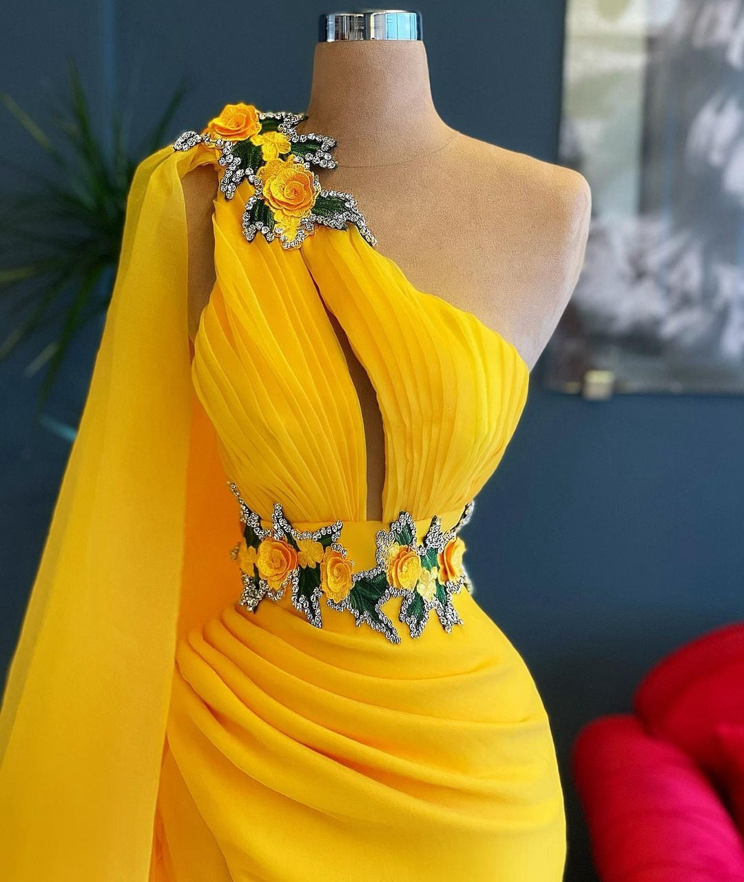 Charming Yellow One Shoulder Mermaid Evening Dresses   Sleeveless Side Split Crystals Women Pageant Dressing   Gowns 2022 mh225
