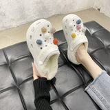 Wenkouban Winter Women Platform Plush Cartoon Slippers Woman Furry Thick Bottom Slides Girls Heighten Garden Shoes Female Hole Shoes Clogs