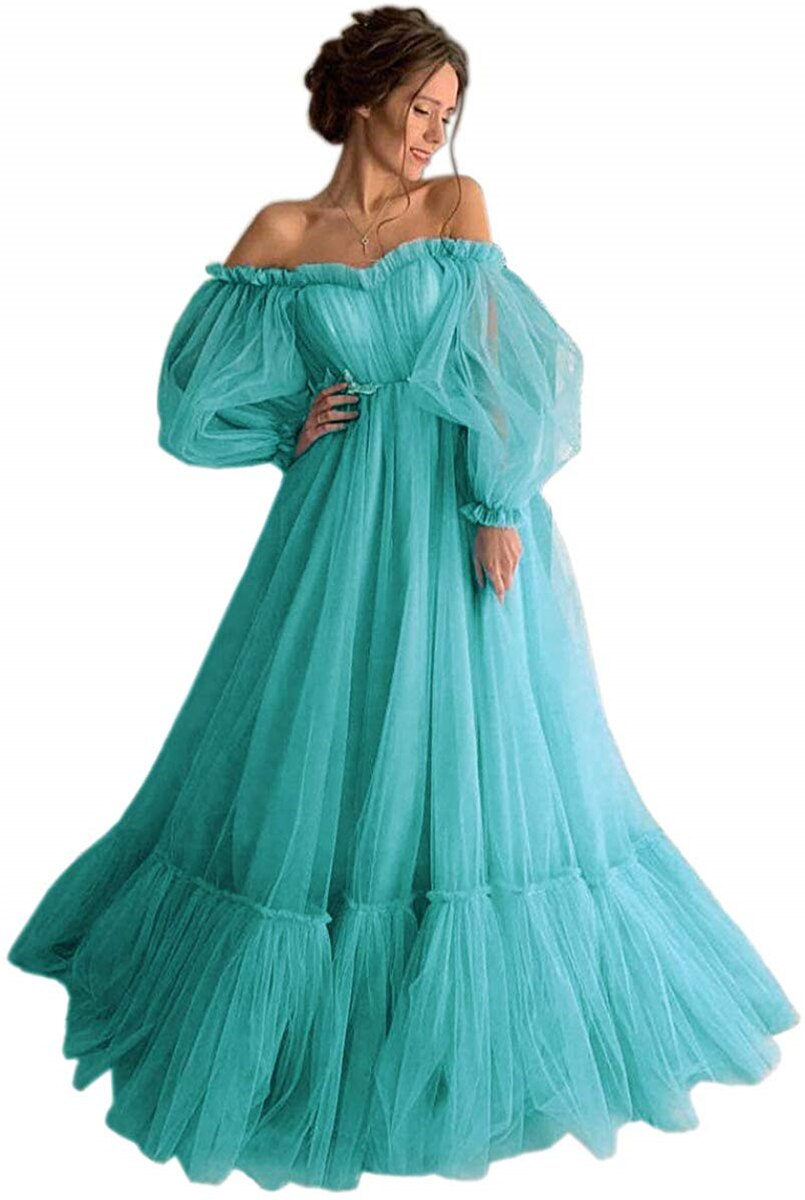 LORIE Blue Prom Dresses Long Sleeve Off the Shoulder Princess Dress 2020 Tulle Lace-up Formal Evening Party Dresses Plus Size