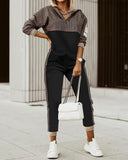 Wenkouban Women Fashion Plaid Print Zipper Front Hooded Top & Pants Set Two Pieces Suit Flare Pants Outwear