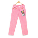 Vintage Pink Women‘s Jeans Pants Mid-waist Sun Star Pattern Young Girl Denim Trousers Summer Autumn Female Cute Jeans Cartoon