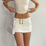 Y2K Low Waist Micro Skirts Summer Clubwear Bottoms Sexy Basic Belted Mini Skirt Streetwear Pockets White Denim Skirt