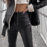 WENKOUBAN InstaHot Black Faux PU Leather Pencil Pants Lace Up High Waist Slim Skinny Streetwear Autumn Casual Trousers Women 2022 Hot Sale