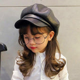 Wenkouban PU Leather Simple Children Beret For Elegant Lady Winter Female Hats Vintage Octagonal Casual Boina Autumn Girl Cap 4-11Year