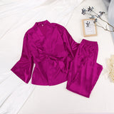 Wenkouban Solid Color Sleepwear Loose Flare Home Pants Three Quarter Sleeve Satin Robe Sets Bathrobe For Women Pajama Fashion Spring 2022