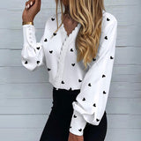 Graduation Gifts  Spring Summer Female Casual Cotton Blends Long Sleeve Blouses Women Sexy White Tops V Neck Heart Print Lantern Sleeve Shirt