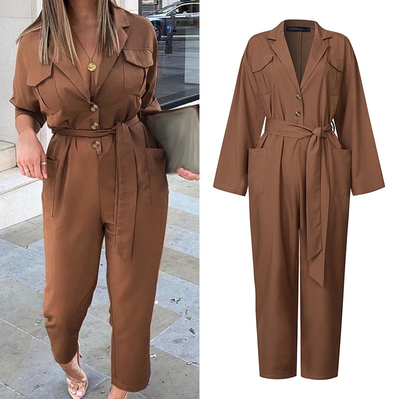 Wenkoubn  Fashion Jumpsuits Women Elegant Suit Collar Long Sleeve Rompers  Casual Solid Cargo Pants Pockets Work Overalls