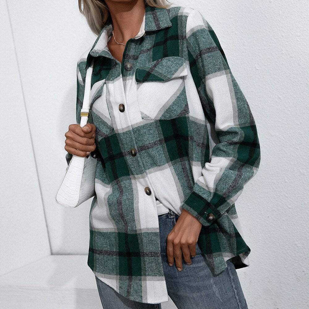 Wenkouban 2022 Spring Autumn Women Coats Casual Loose Vingage Long Sleeve Shirts Turn-down Collar Single Breasted Outerwear Plaid Jackets