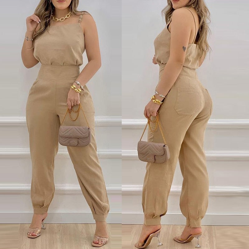 Wenkouban 2023 Summer Women Sexy Two Piece Suit Sets Solid Color Spaghetti Strap Sleeveless Top & Pocket Design Casual Pants Sets