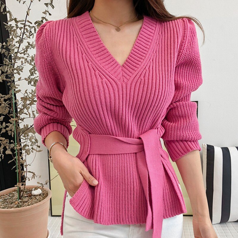 Wenkouban 2022 Autumn  Winter Elegant Lace Up Knitted Sweaters Ladies Solid Tops Long Sleeve Split Sweater Women Pullovers Female
