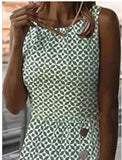 Wenkouban  Summer New Sleeveless Printed Green Button Casual Dress