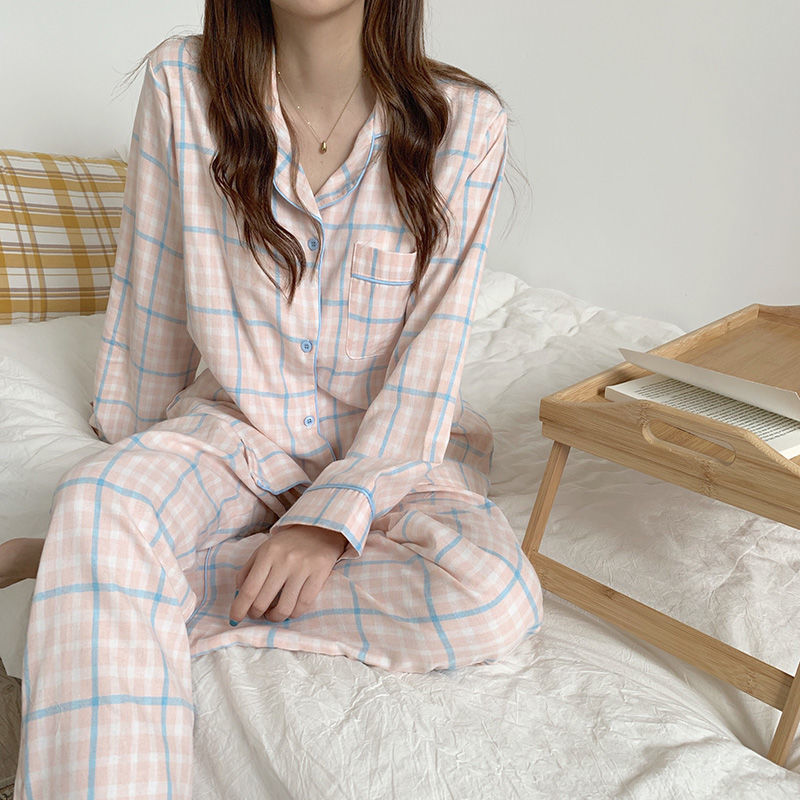 Wenkouban Cute Grid Girls Pajamas Set Korean Autumn Winter New Long Sleeve Leisure Sleepwear Women Loose Nightwear Homewear Suit