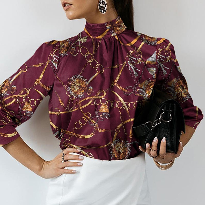 Women Fashion Satin Blouse 2022 Elegant Tunic Slik Tops Autumn Solid High Collar Shirt Long Sleeve Party Blusas Femininas