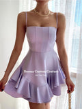 Wenkouban Lavender Mini Prom Dresses Spaghetti Straps Ruffles Above Knee Satin Homecoming Dresses Clubbing Short Graduation Dresses