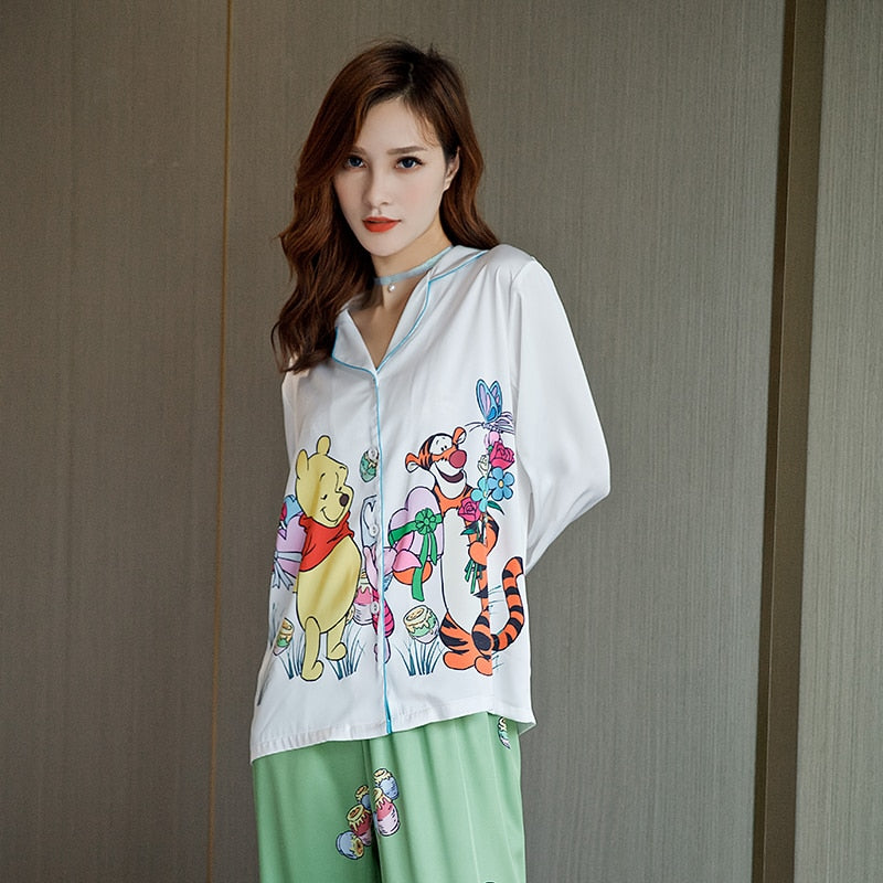 Women's Pajamas Set Luxury Style Cute Animal Print Sleepwear Silk Like Nightie Home Clothes Nightwear Pyjamas Femme