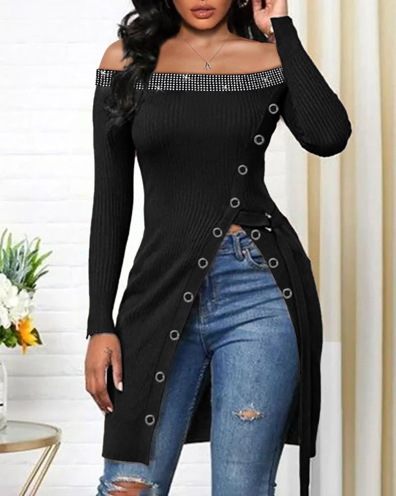 Wenkouban Autumn Women  Chain Strap High Split Zip Front Top Femme Casual Cold Shoulder Blouse Office Lady Outfits Clothing traf