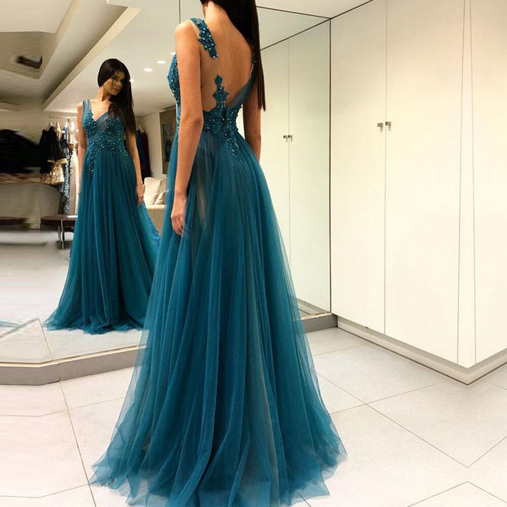 Sexy Split V-Neck Evening Dress Appliqued Beaded Pearls Long Prom Dresses Backless Formal Gown robe de soiree