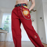 Women's Casual Sun Print Straight Trousers Red Streetwear Long Pants  Harem Pants For Women High Waist Ladies Pants Vintage