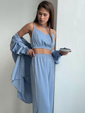 Wenkouban Womens Robe Pajama Sets Spaghetti Strap Sexy Crop Top Set Woman 3 Pieces High Waist Roomware Trouser Suits Robes Women Sleepwear
