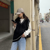 Vangull Women Vest Simple All-match Patchwork Korean Style V-neck Knitted Sweater Leisure Student Sleeveless Female Vintage Vest