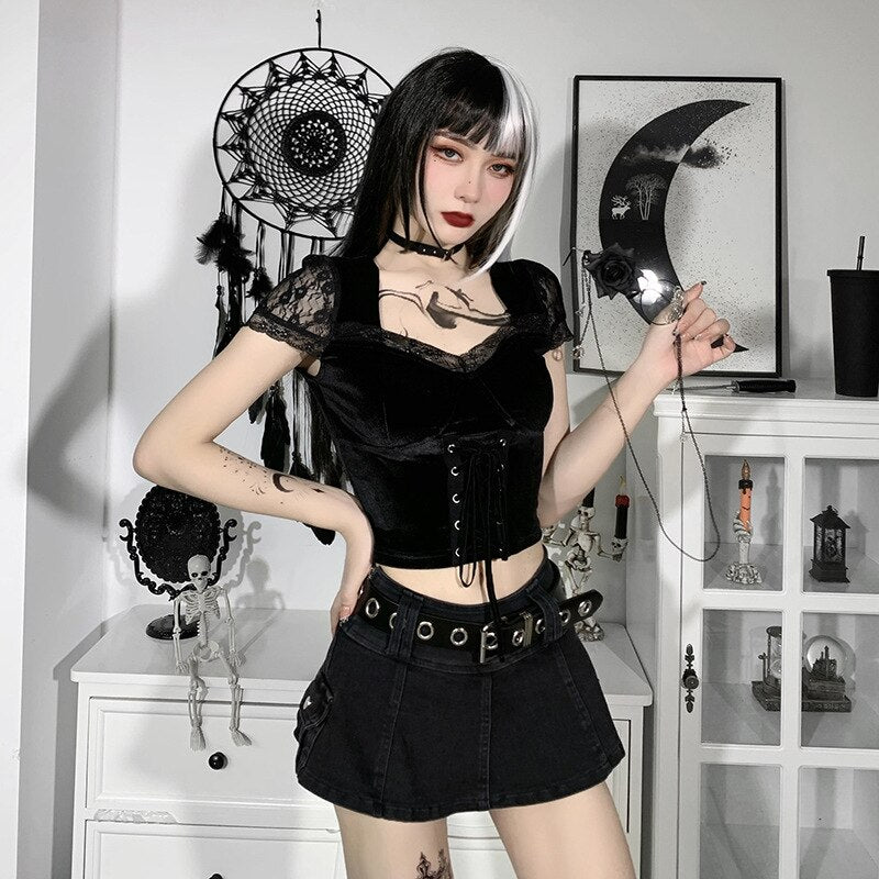 Wenkouban Goth Vintage Sexy Lace Trim Corset Velvet Tops Aesthetic Sexy Black T-Shirts  Elegant Gothic Short Sleeve Bodycon Summer T Shirt