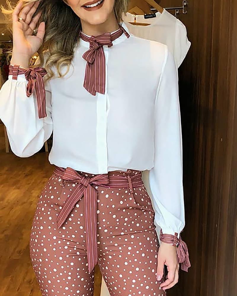 Wenkouban Pants Set Casual Women Two Piece Set Outfits Office Workwear Print Tied Detail Top & Polka Dot Sleeve Style Clothing Length Age
