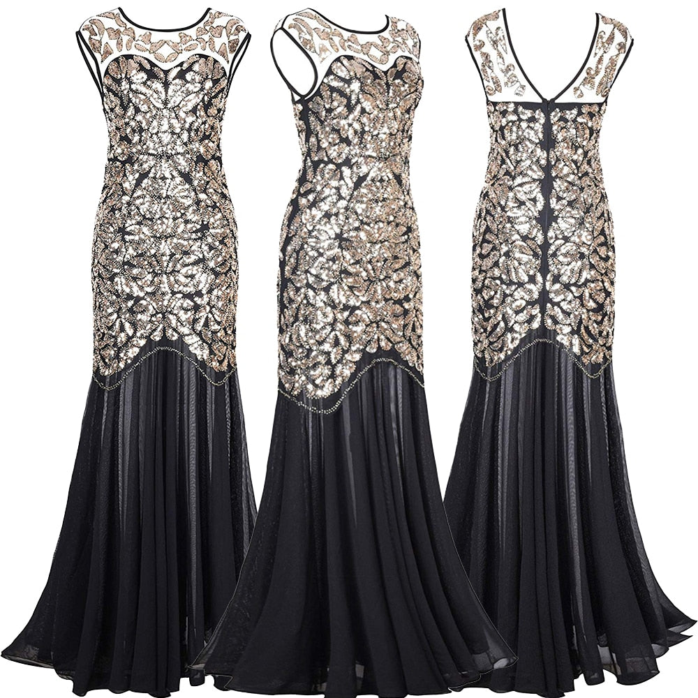 Vestidos Vintage Mujer Sequins Beading Long Evening Dresses Formal Round Neck Lace Long Sexy Women Party Special Occasion