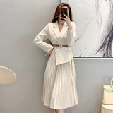 Wenkouban 2022 Autumn Korean Fashion OL Long Sleeve Midi Suit Dress Women Fake Two-Piece Slim Pleated Long Casual  Dress