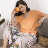 Breathable 2PCS Pajama Short Sleeve Printed Pijama Mujer Femme Loose Nightwear Suit Female Casual Homewear Pajama Set For Women