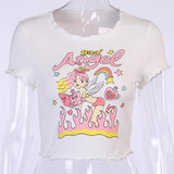 Graphic T Shirts Y2K Top Women Fairy Grunge Short Sleeve T-Shirts Slim Anime Crop Top Streetwear O Neck Tees 90s E-Girl Clothes