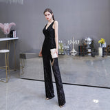 Black Sequin Jumpsuit Evening Dress 2022 New Arrival Sexy V-Neck Backless Formal Party Pant