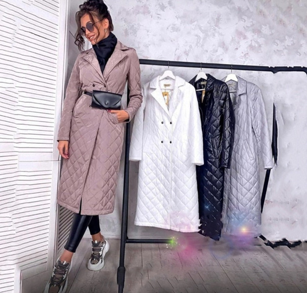Wenkouban Long Straight Winter Coat With Rhombus Pattern Casual Sashes Women Parkas Deep Pockets Tailored Collar Stylish Outerwear