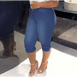 Wenkouban  Vintage Mid Blue Stretchy Skinny Knee Length Distressed Mom Jeans Breeches Denim Jeggings Pants 3/4 Short Leggings Capris Jean