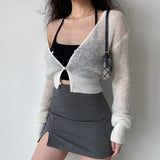 Wenkouban Sexy See Through Cropped Cardigan Women Thin Hollow Out Knitted Cardigans Long Sleeve V-Neck Sweater Crop Tops Korean