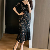 Wenkouban 2022  Korean Style Elegant Temperament V-Neck Slim Mid-Length Lace Bag Hip Fishtail  Dress