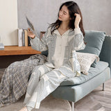 Autumn Women's Pajamas Set High Quality Bohemian Stripes Print Sleepwear V Neck Cotton Homewear Nightwear Pyjamas Femme