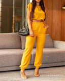 Wenkouban  2022 summer new ladies yellow casual suit wide leg pants 2-piece set