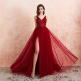 Wenkouban Tulle Long Prom Dresses New Arrival Beaded Split A-Line V-Neck Special Occasion Evening Party Gown