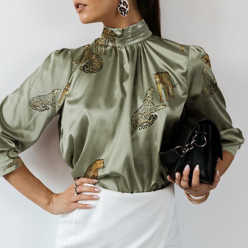 Blusas Femininas Women Satin Blouses Long Sleeve Shirt Tunics 2022 Autumn Stand Collar Tiger Print Elegant Party Tops