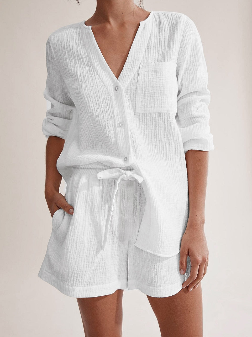 Wenkouban 100%Cotton Autumn Sleepwear Suits With Shorts Pijama Pocket Nightwear Single Breasted Women's Nightgown Full Sleeve Women Pajama