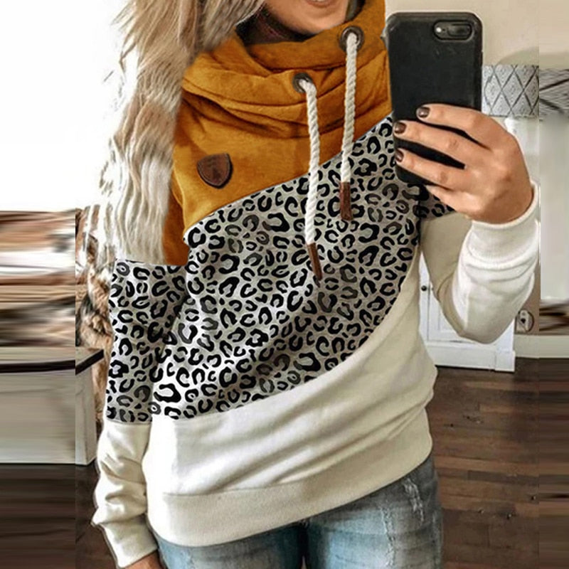 Wenkouban Turtleneck Patchwork Hoodies Women Casual Fashion Long Sleeve Leopard Printed Hooded Sweatshirts Female Winter Warm Pullovers